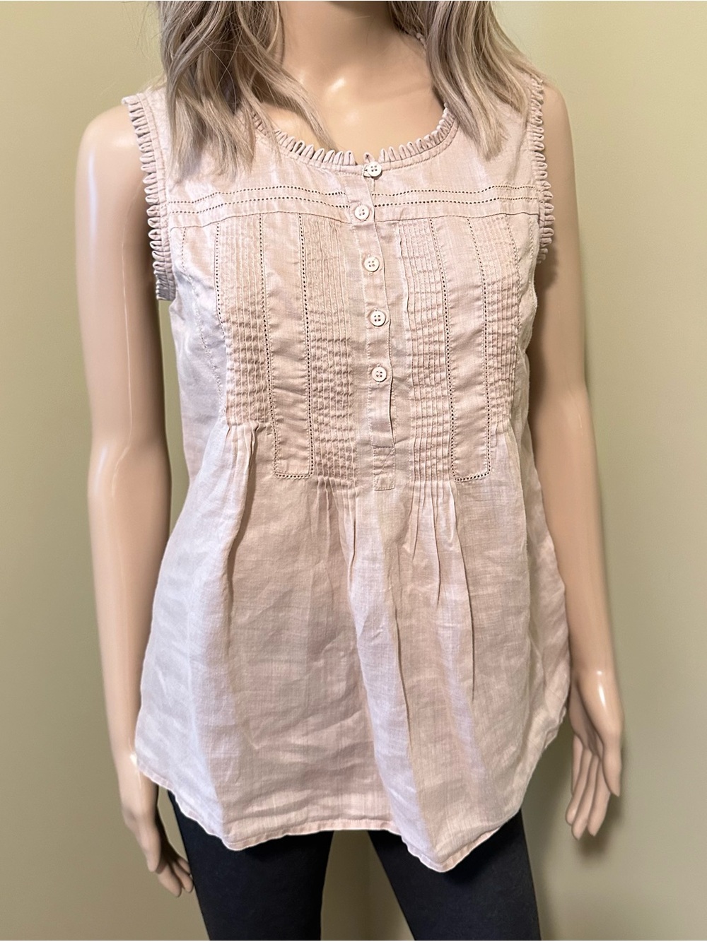 Weekend Max Mara Sleeveless Pintuck Button-Front Blouse Ramie Top